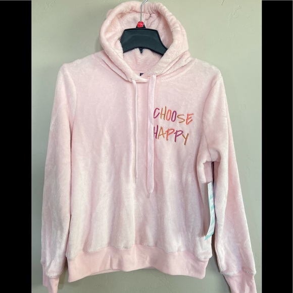 NEW Fifth Sun Women’s Pullover Fleece Sherpa ‘Choose Happy’ Hooded Hoodie Pink M - Picture 1 of 6